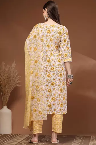 Womens off white self design cotton fabric kurta set 3/4 sleeves round neck