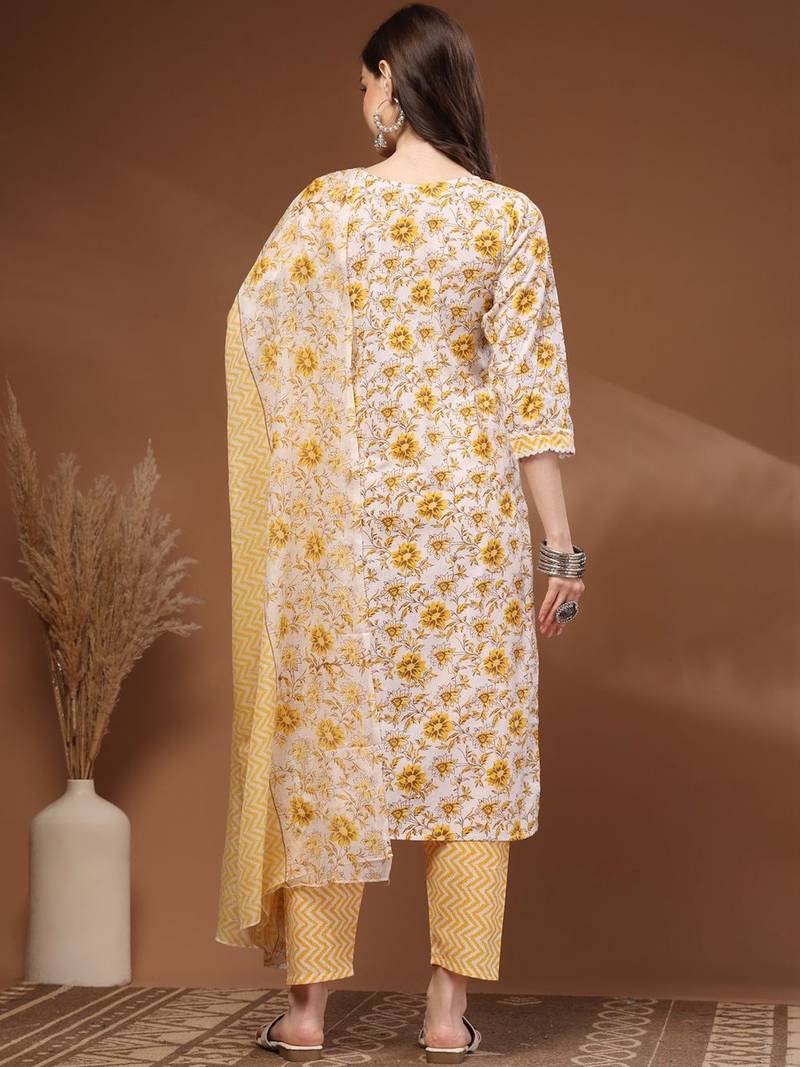 Womens off white self design cotton fabric kurta set 3/4 sleeves round neck