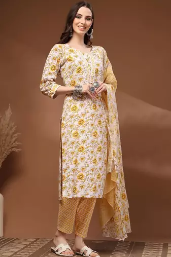 Womens off white self design cotton fabric kurta set 3/4 sleeves round neck