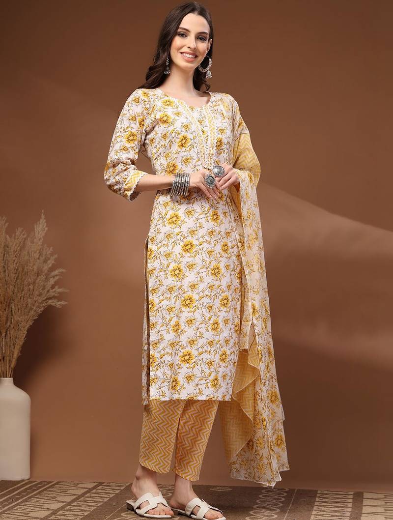 Womens off white self design cotton fabric kurta set 3/4 sleeves round neck