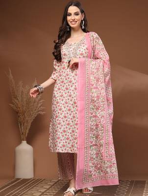 Womens off white self design cotton fabric kurta set 3/4 sleeves round neck 1