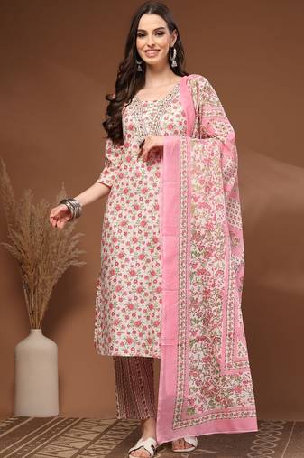 Womens off white self design cotton fabric kurta set 3/4 sleeves round neck