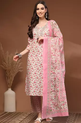Womens off white self design cotton fabric kurta set 3/4 sleeves round neck