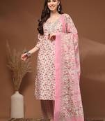 Womens off white self design cotton fabric kurta set 3/4 sleeves round neck