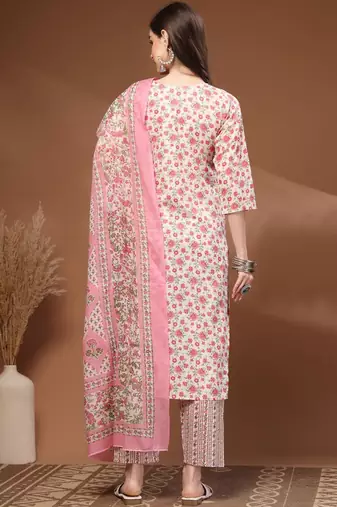 Womens off white self design cotton fabric kurta set 3/4 sleeves round neck