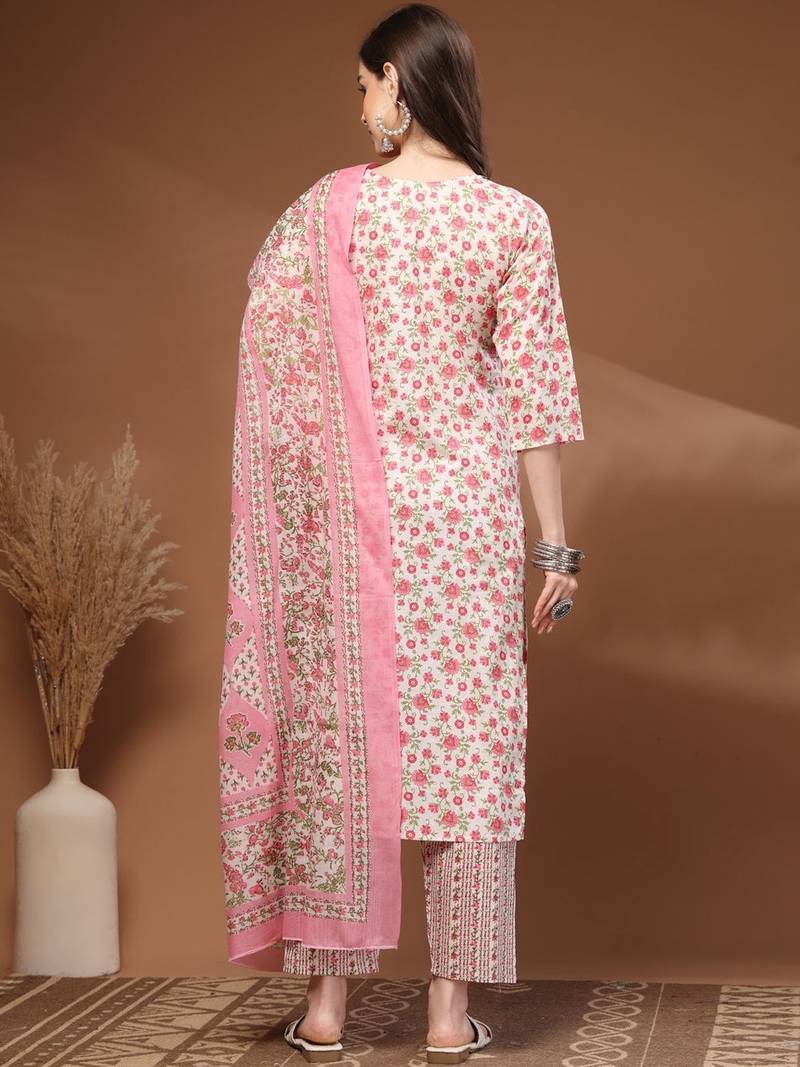 Womens off white self design cotton fabric kurta set 3/4 sleeves round neck