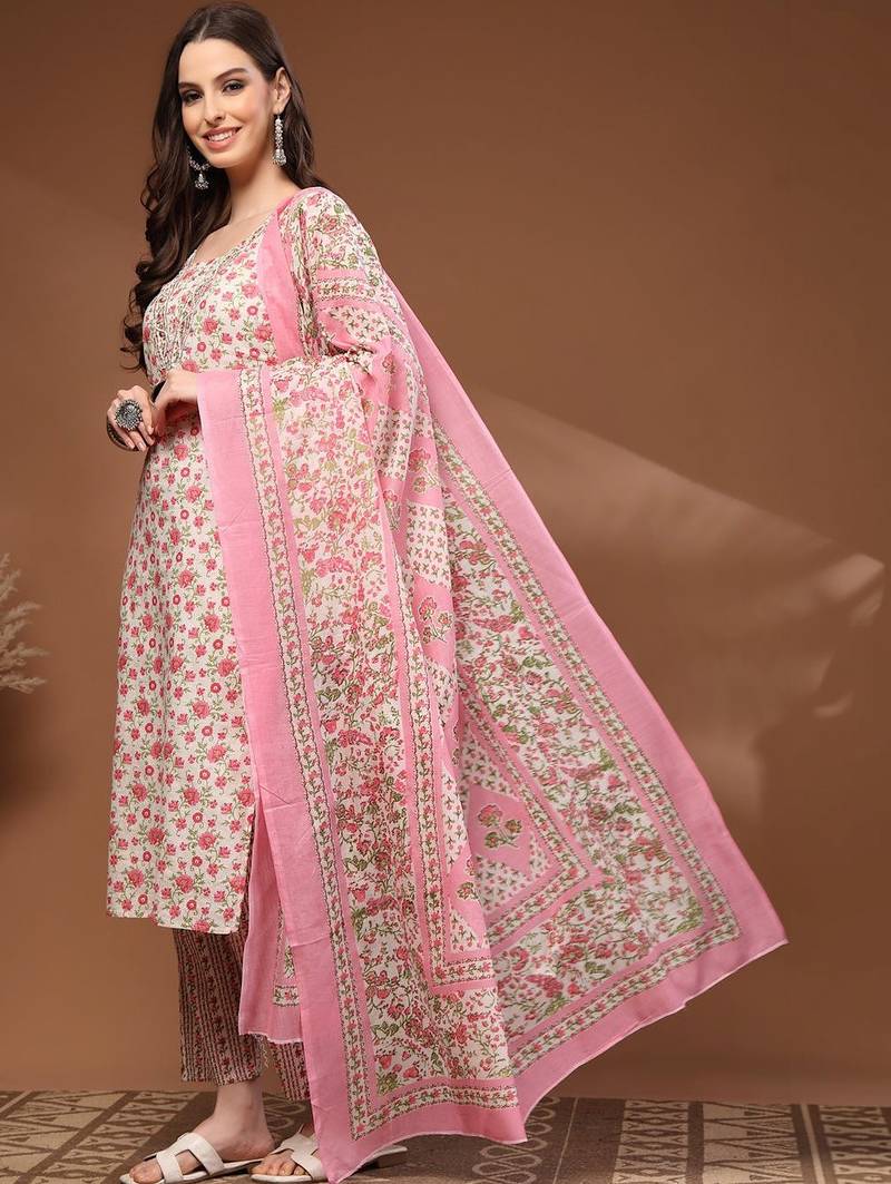 Womens off white self design cotton fabric kurta set 3/4 sleeves round neck