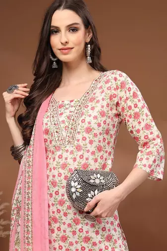 Womens off white self design cotton fabric kurta set 3/4 sleeves round neck
