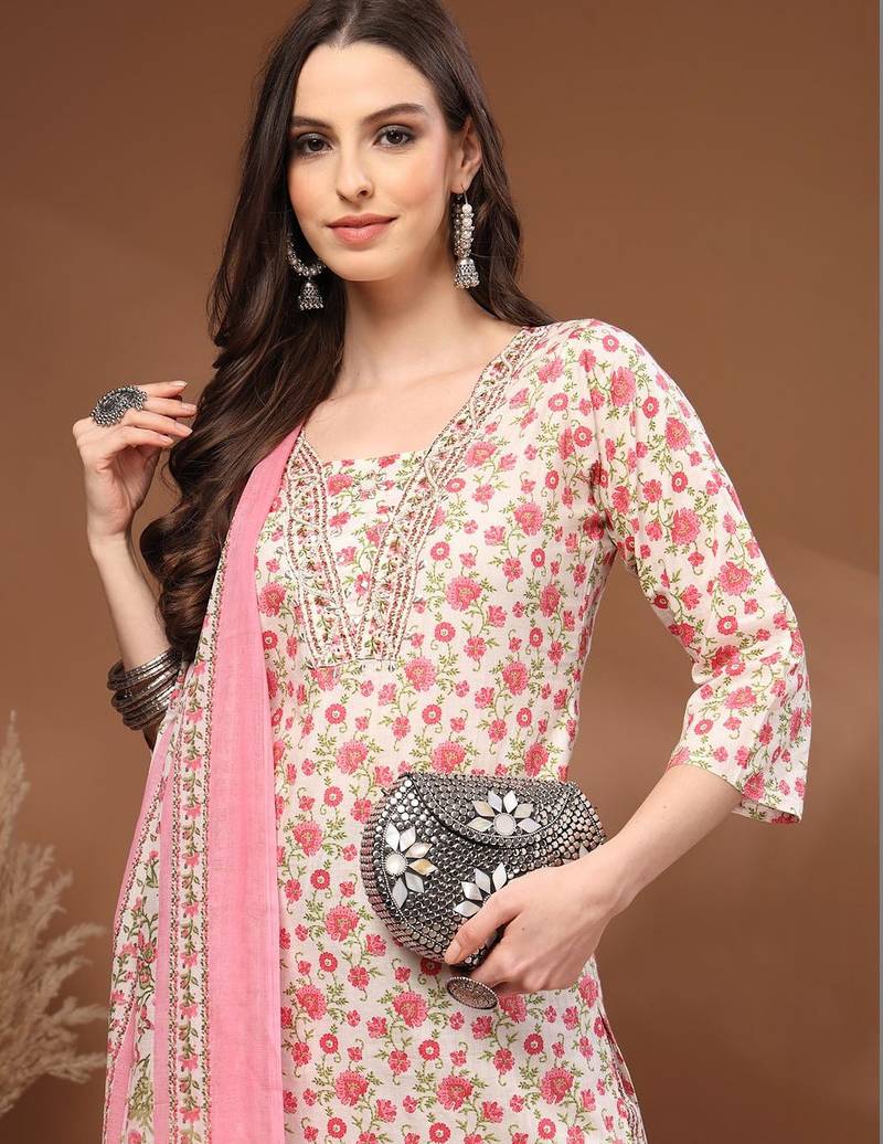 Womens off white self design cotton fabric kurta set 3/4 sleeves round neck