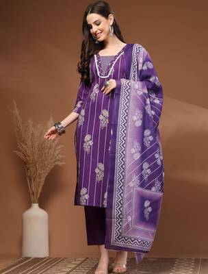 Womens purple self design cotton fabric kurta set 3/4 sleeves round neck 1