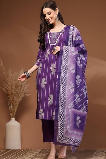 Womens purple self design cotton fabric kurta set 3/4 sleeves round neck