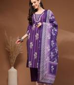 Womens purple self design cotton fabric kurta set 3/4 sleeves round neck