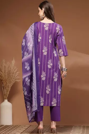 Womens purple self design cotton fabric kurta set 3/4 sleeves round neck