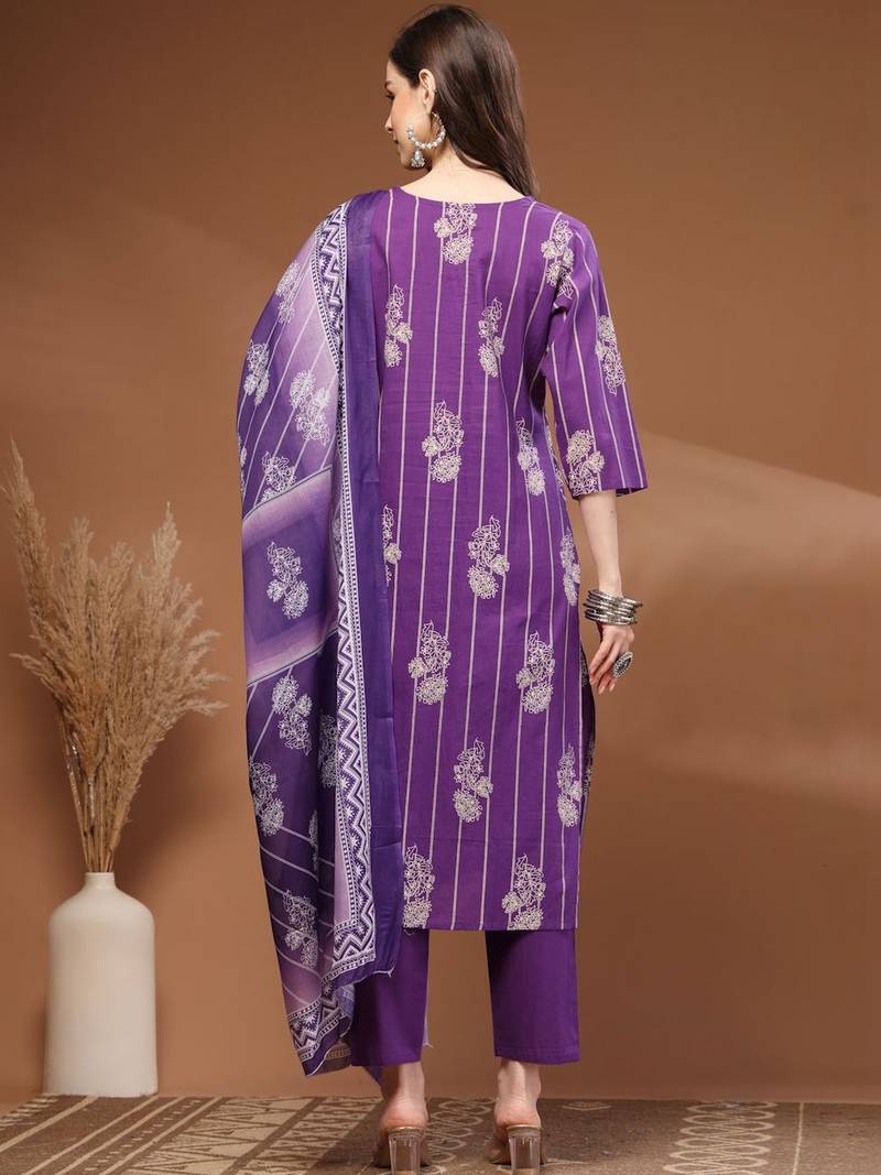 Womens purple self design cotton fabric kurta set 3/4 sleeves round neck