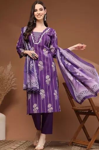 Womens purple self design cotton fabric kurta set 3/4 sleeves round neck
