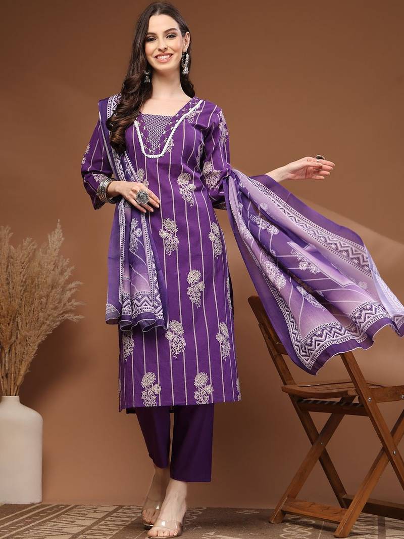 Womens purple self design cotton fabric kurta set 3/4 sleeves round neck