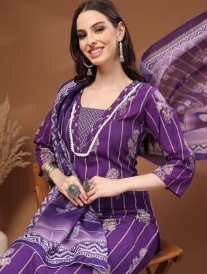 Womens purple self design cotton fabric kurta set 3/4 sleeves round neck 5