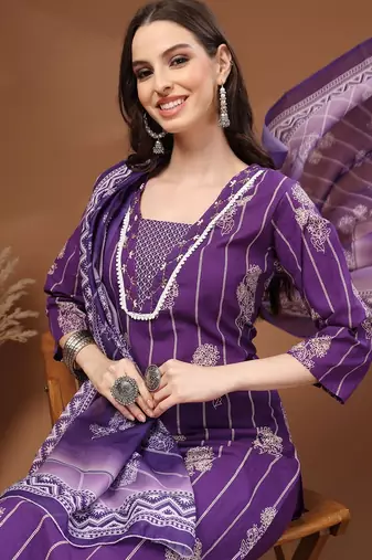 Womens purple self design cotton fabric kurta set 3/4 sleeves round neck