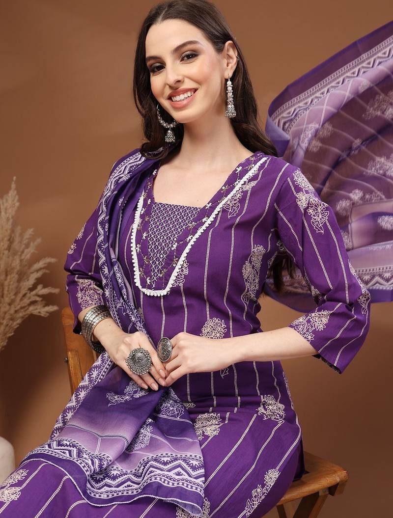Womens purple self design cotton fabric kurta set 3/4 sleeves round neck