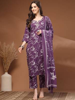 Womens purple self design cotton fabric kurta set 3/4 sleeves round neck 1
