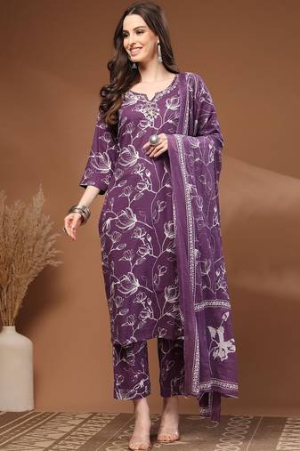 Womens purple self design cotton fabric kurta set 3/4 sleeves round neck