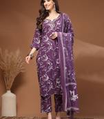 Womens purple self design cotton fabric kurta set 3/4 sleeves round neck