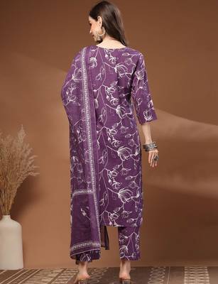 Womens purple self design cotton fabric kurta set 3/4 sleeves round neck 2