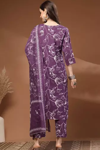 Womens purple self design cotton fabric kurta set 3/4 sleeves round neck