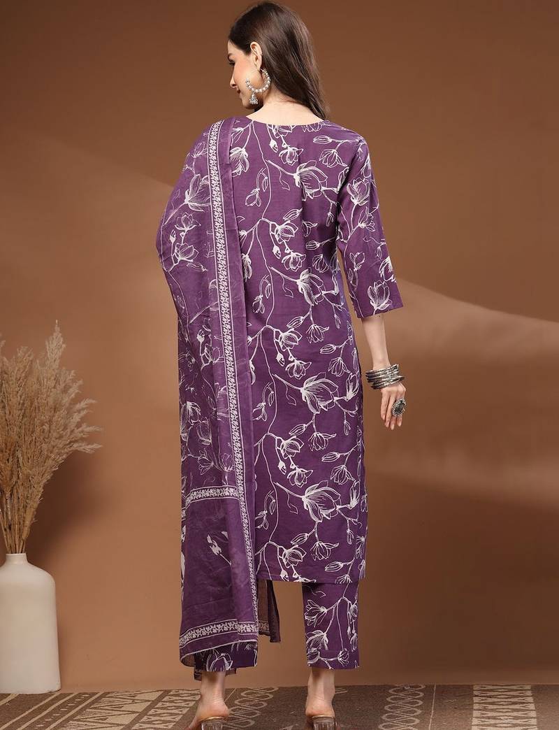 Womens purple self design cotton fabric kurta set 3/4 sleeves round neck