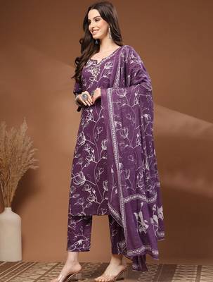 Womens purple self design cotton fabric kurta set 3/4 sleeves round neck 3