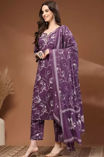 Womens purple self design cotton fabric kurta set 3/4 sleeves round neck