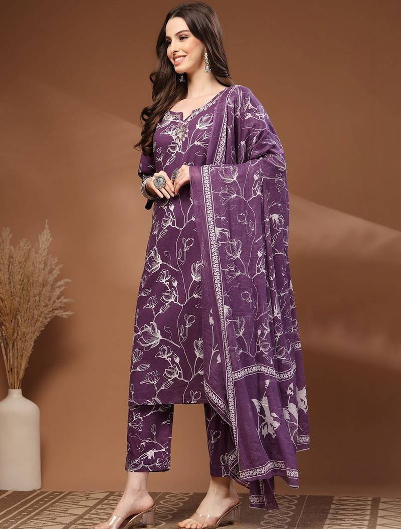 Womens purple self design cotton fabric kurta set 3/4 sleeves round neck