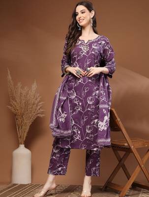 Womens purple self design cotton fabric kurta set 3/4 sleeves round neck 5