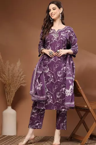 Womens purple self design cotton fabric kurta set 3/4 sleeves round neck