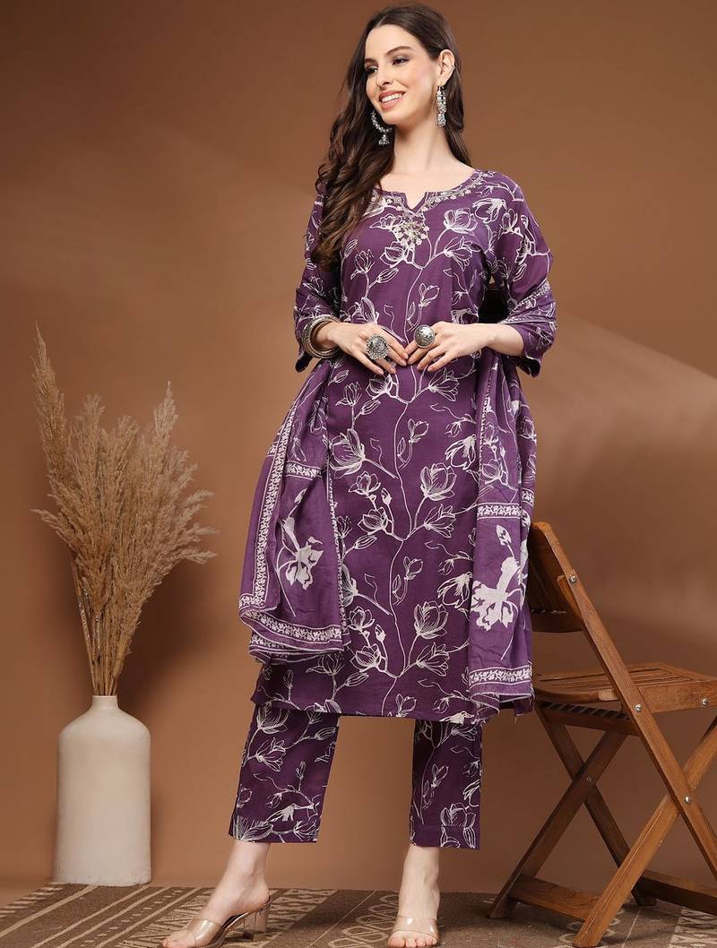 Womens purple self design cotton fabric kurta set 3/4 sleeves round neck