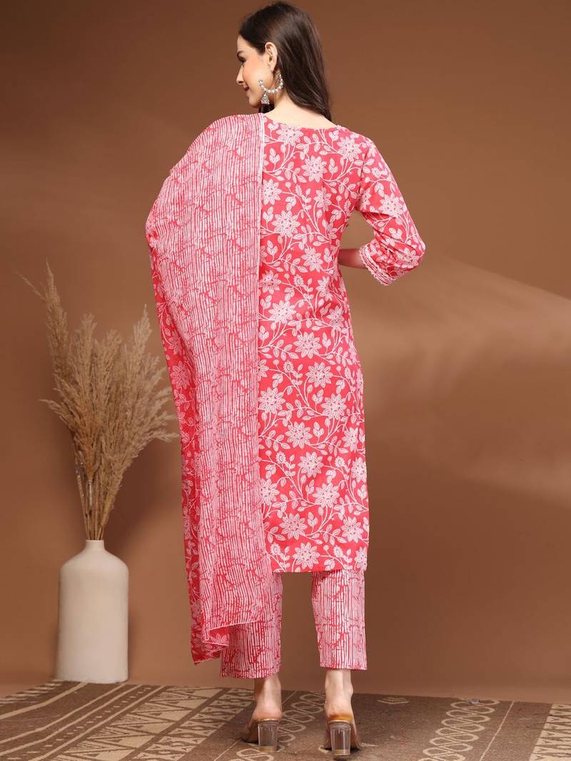 Womens red self design cotton fabric kurta set 3/4 sleeves round neck