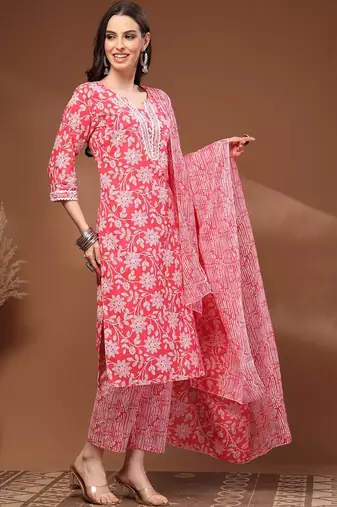 Womens red self design cotton fabric kurta set 3/4 sleeves round neck