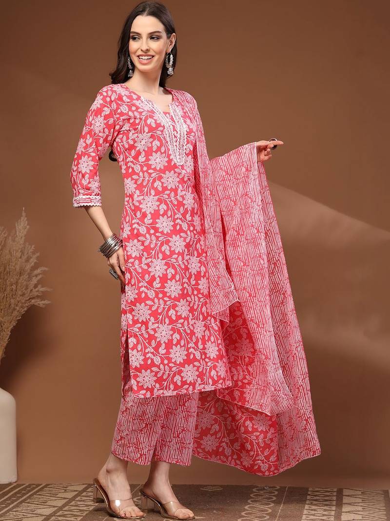 Womens red self design cotton fabric kurta set 3/4 sleeves round neck