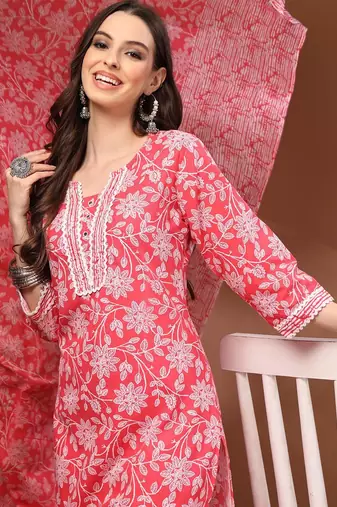 Womens red self design cotton fabric kurta set 3/4 sleeves round neck