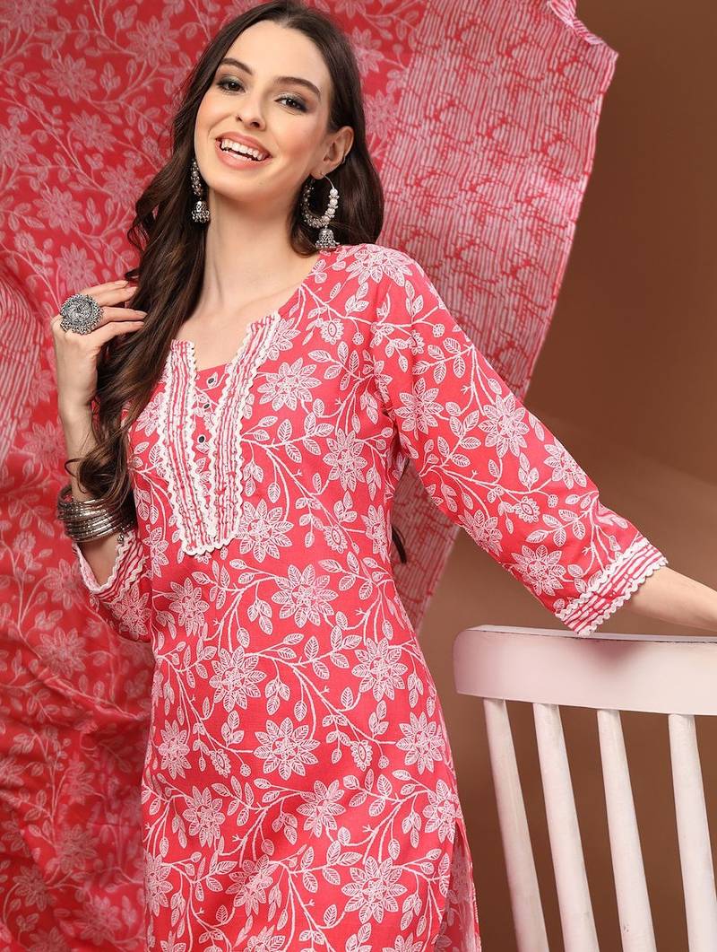 Womens red self design cotton fabric kurta set 3/4 sleeves round neck