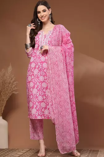 Womens pink self design cotton fabric kurta set 3/4 sleeves round neck