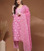 Womens pink self design cotton fabric kurta set 3/4 sleeves round neck