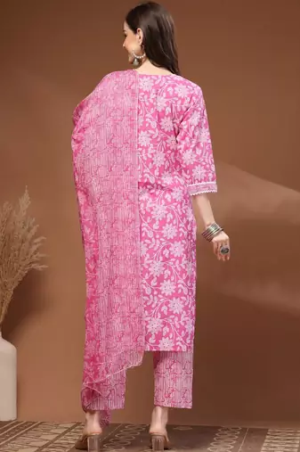 Womens pink self design cotton fabric kurta set 3/4 sleeves round neck