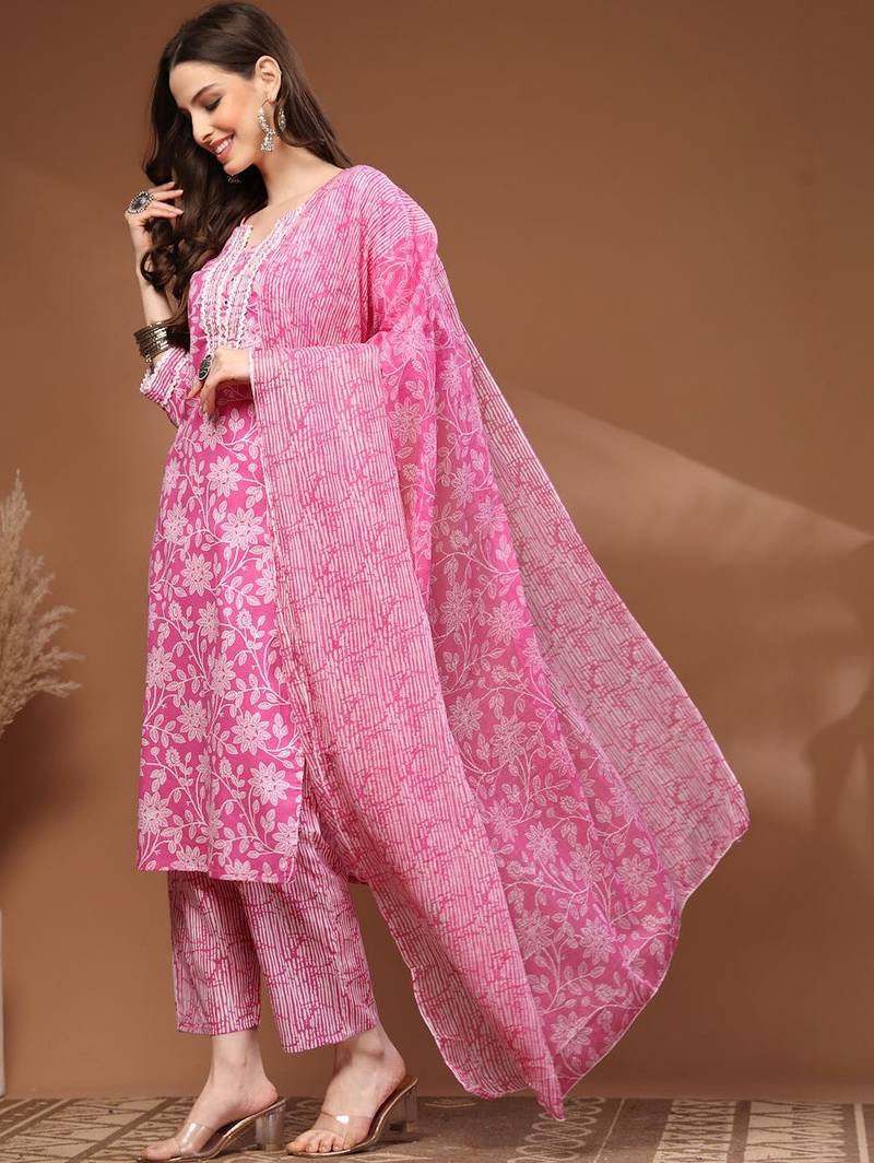 Womens pink self design cotton fabric kurta set 3/4 sleeves round neck