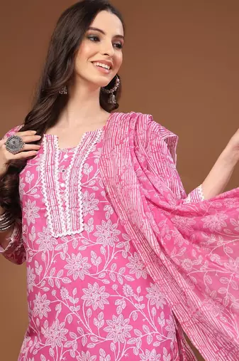 Womens pink self design cotton fabric kurta set 3/4 sleeves round neck