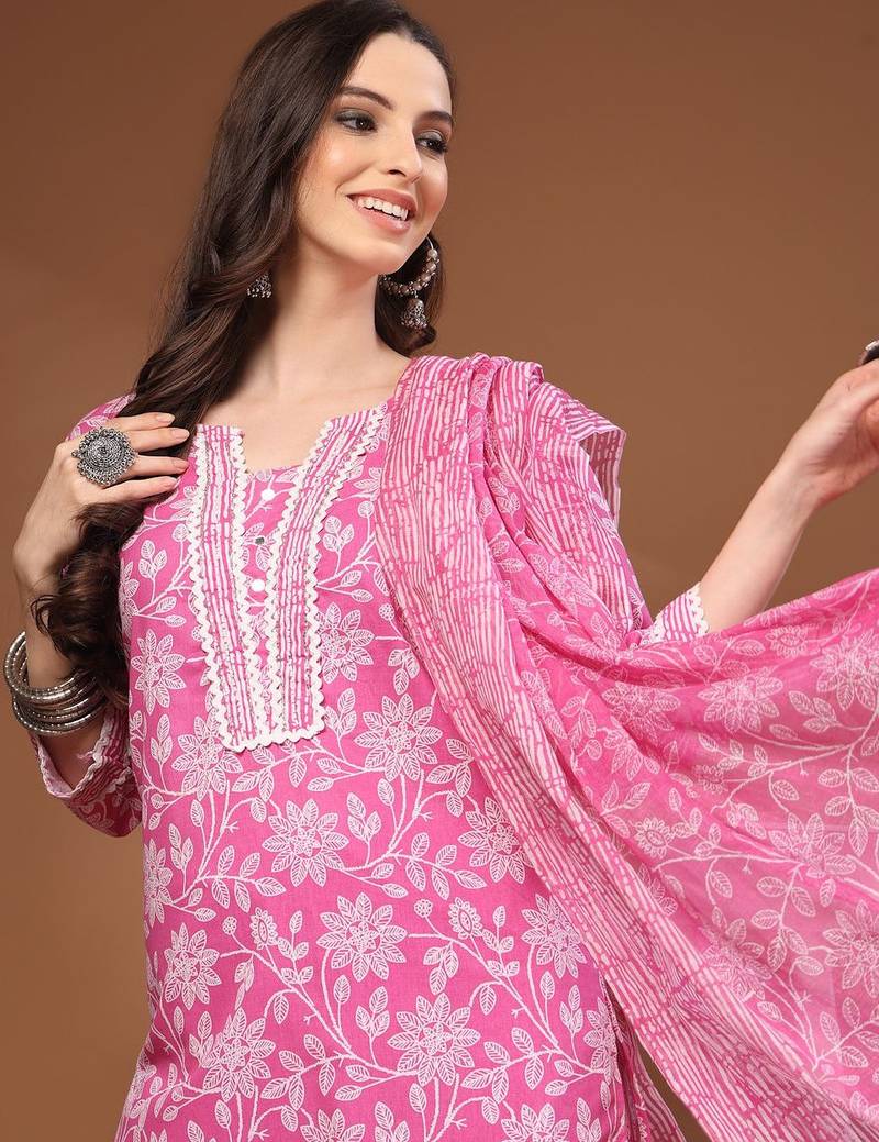 Womens pink self design cotton fabric kurta set 3/4 sleeves round neck