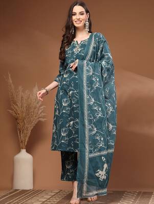 Womens teal self design cotton fabric kurta set 3/4 sleeves round neck 1