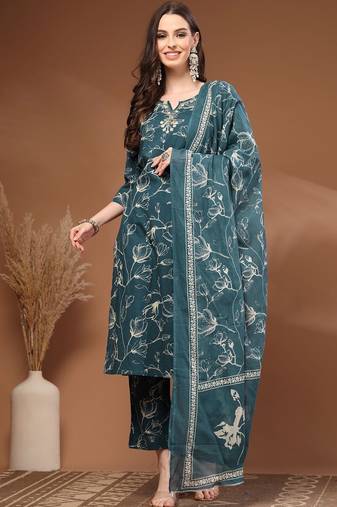 Womens teal self design cotton fabric kurta set 3/4 sleeves round neck
