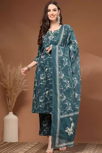 Womens teal self design cotton fabric kurta set 3/4 sleeves round neck