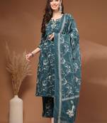 Womens teal self design cotton fabric kurta set 3/4 sleeves round neck